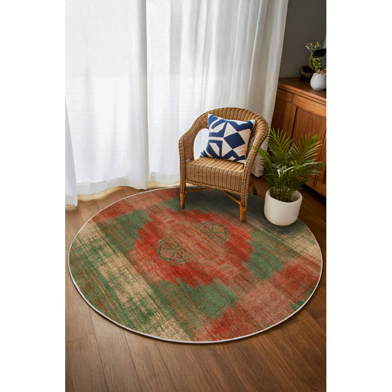 Greysi Collection Digital Print Cotton-Polyester Green Red Oriental Rug, Round 6'7"