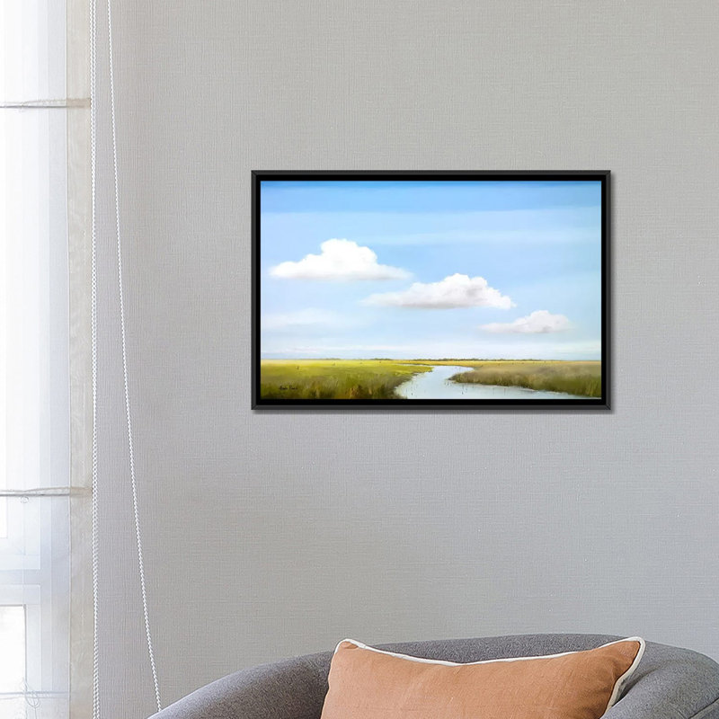 « down the river vi », impression sur toile, H 18 po x l 26 po x P 1,5 po, Toile avec cadre noir, Pas de tapis