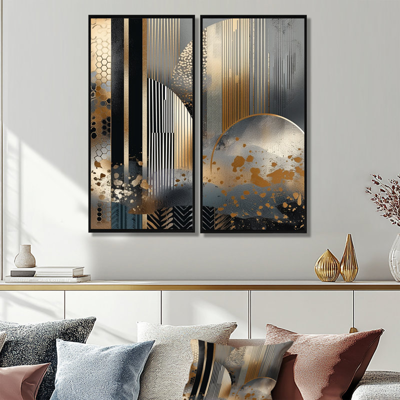 Fultz - art mural moderne doré, H 40 po x l 40 po, Noir, Reproduction avec cadre flottant