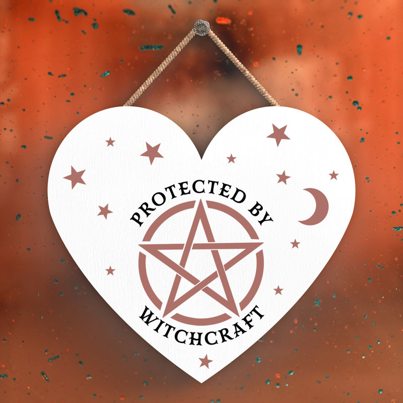 Protected by Witchcraft Wooden Heart Plaque, 10cm H x 9cm W x 0.5cm D, White
