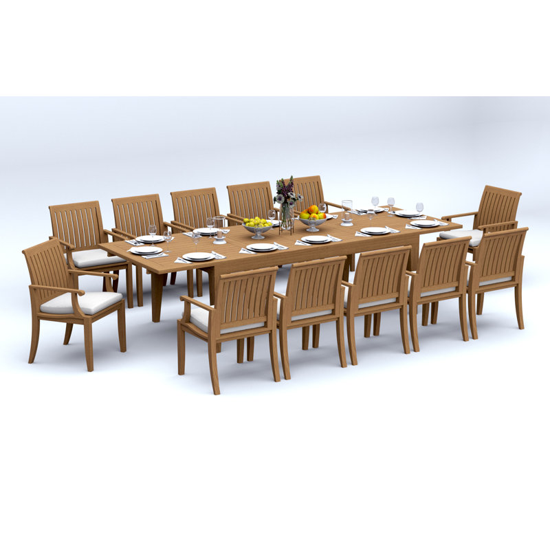 12 Seats 13 Pcs Grade-A Teak Wood Dining Set: 122" Caranas Double Extension Rectangle Table And 12 Lagos Arm Chairs #11LG2912