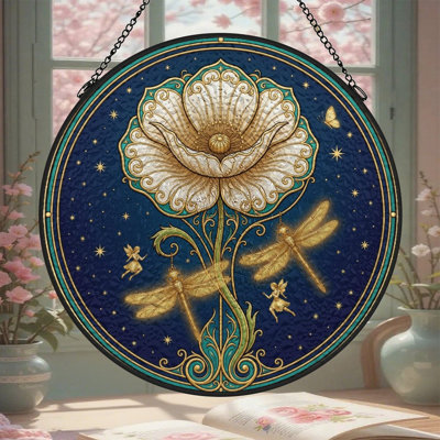 Fleur, libellule, nuit, art, vitrail, panneaux, vitrail, pour décor de fenêtre