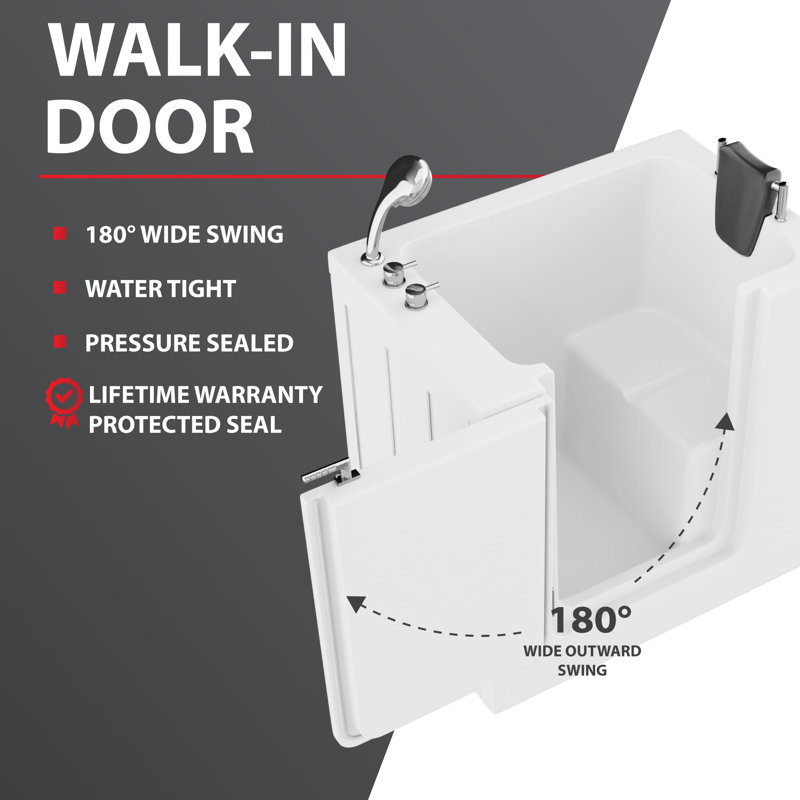 Nova Heated Series 31" x 40" Left Drain Whirlpool Jetted Bathtub in White with Smooth Shower Wall Kit, Left