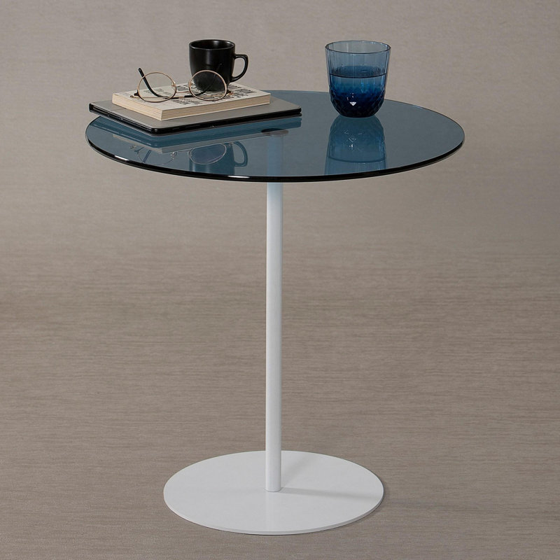 Table d'appoint moderne 19,7 po x 19,7 po x 19,7 po | Plateau 100% verre trempé, cadre robuste 100% métal | Finition blanche et bleue élégante, parfaite pour le salon, la chambre à coucher ou le bureau | Design élégant et contemporain