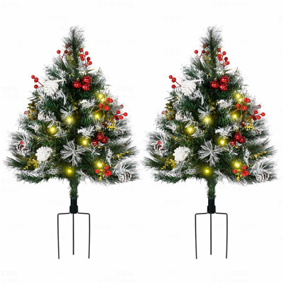 Arbre de Noël artificiel pré-éclairé 2,5 pi / 30 po pour 2 entrées, sans cordon, 70 branches, lumières DEL blanc chaud, baies rouges, pommes de pin, boules