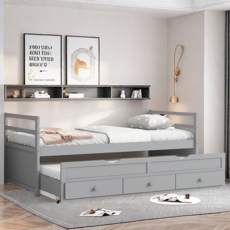 Dywanna Daybed With Trundle And Three Storage Drawers, Gray