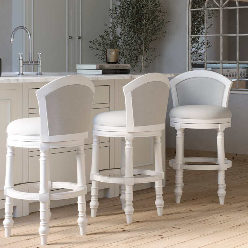 Tabouret de bar de 31 po avec dossier rembourré, siège pivotant, blanc et gris, installation rapide à 180 degrés, profondeur de 23,11 po, largeur de 23,11 po, structure pivotante à hauteur de 43,67 po et cadre blanc, confortable, poids de 45,99 lb