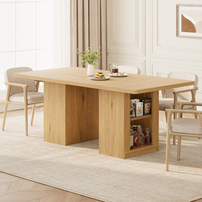 63" Farmhouse Dining Table with Storage, Rectangular Kitchen Table for 6-8, Cabinet-Style Base with Open 2-Tier Shelves, Natural Wood