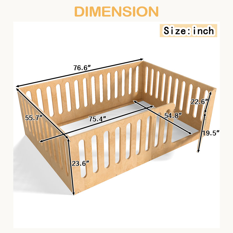 Floor Bed With High Fence For Kids, Solid Wood Kids Montessori Bed With Door, Low-Profile And No Box Spring Needed Design