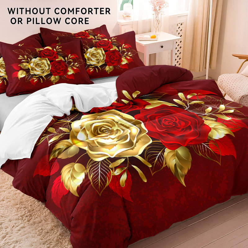 Red and Gold Rose Microfiber Duvet Cover Set with Pillowcases, Digital Print Floral Front on Red Background with White Back, Reversible Bedding, Twin Full Queen King, Comforter and Pillow Inserts Not Included