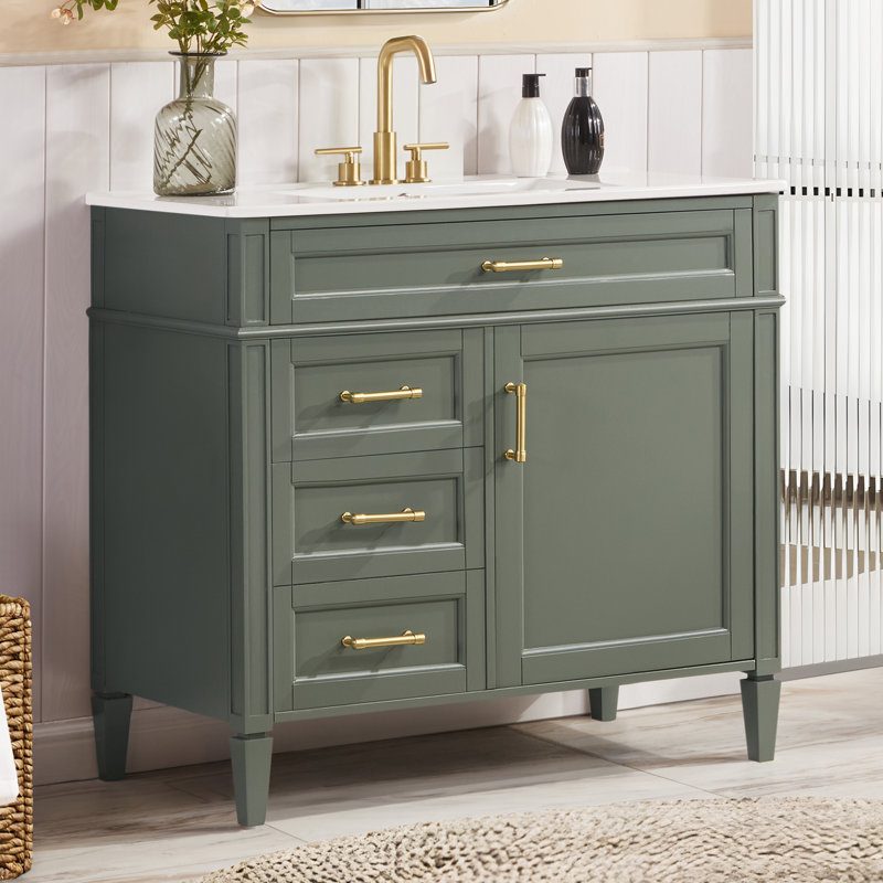 Meuble-lavabo en bois massif 36 po, Vert/doré