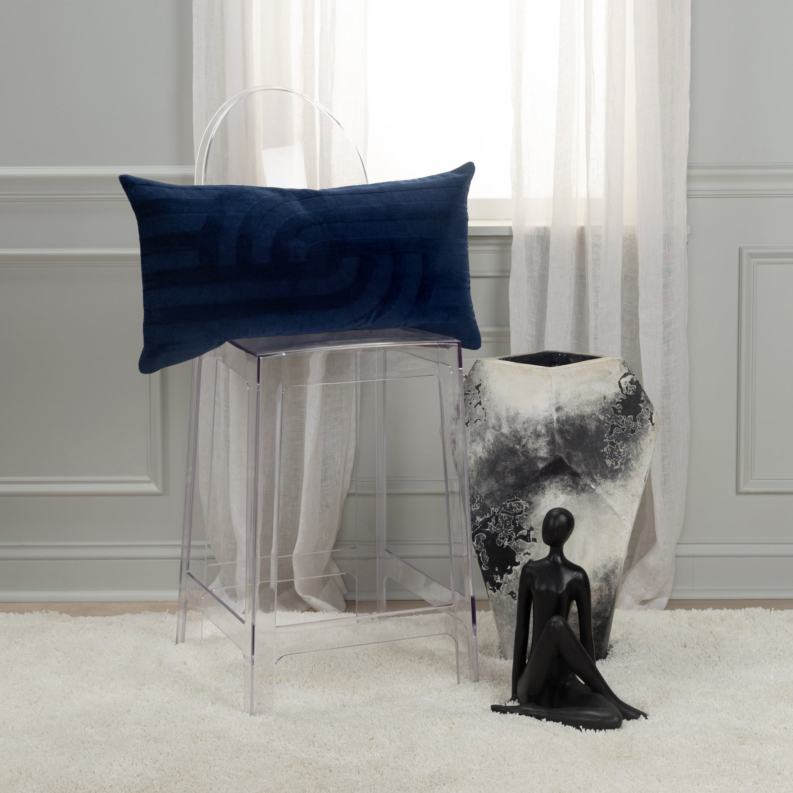 Terrah 26" x 14" Embroidered Throw Pillow, Deep Dark Blue