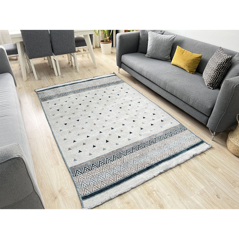 Alfa Rich Geometric Blue White Cream Washable Cotton Area Rugs for Living Room Bedroom Kitchen, Rectangle 4'1" x 5'9"