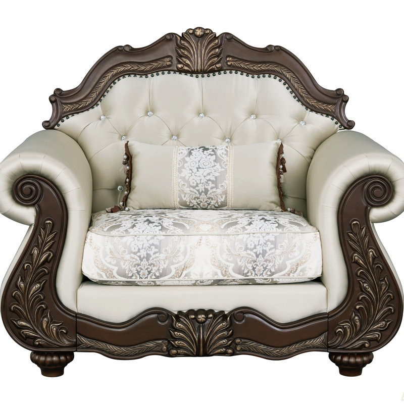 Fauteuil en cerise et tissu beige Pierce