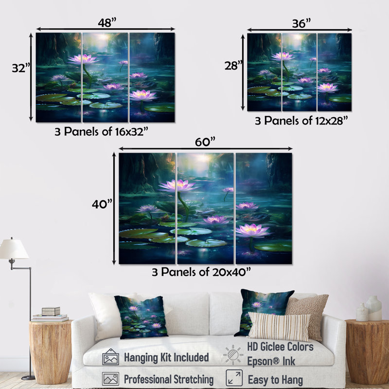 «Pink Lotus Flower Pond Misty Magic», ensemble d'art mural lac, Toile tendue, H 40 po x l 60 po x P 1 po