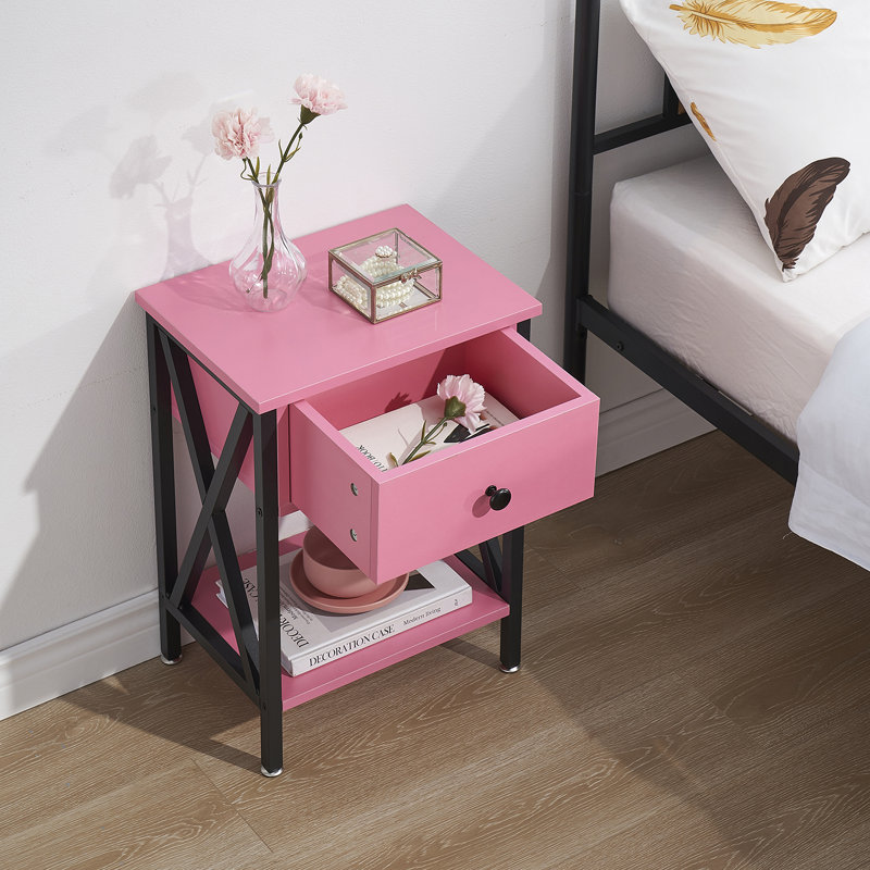 Alameen 22" Tall Nightstand, End Side Tables with Storage Drawer and Open Wood Shelf for Bedroom, Pink