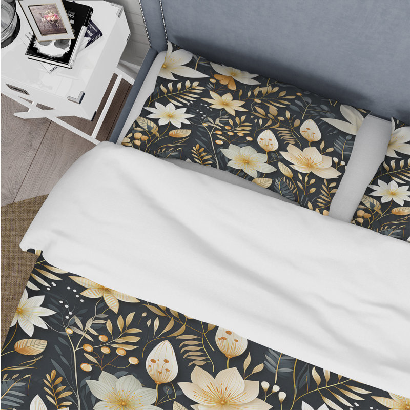 Ensemble de housse de couette beige et noir à motif de plantes fougères, Housse de couette pour très grand lit et 2 très