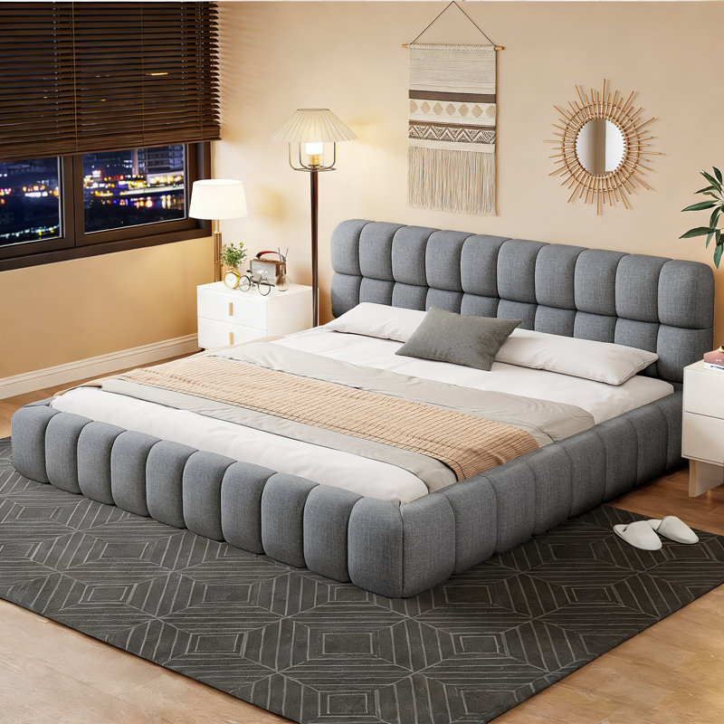 Upholstered Platform Bed with Headboard, Low Profile Frame with Wooden Slats, Weight Capacity 600 lbs, No Box Spring Needed, Gray, King