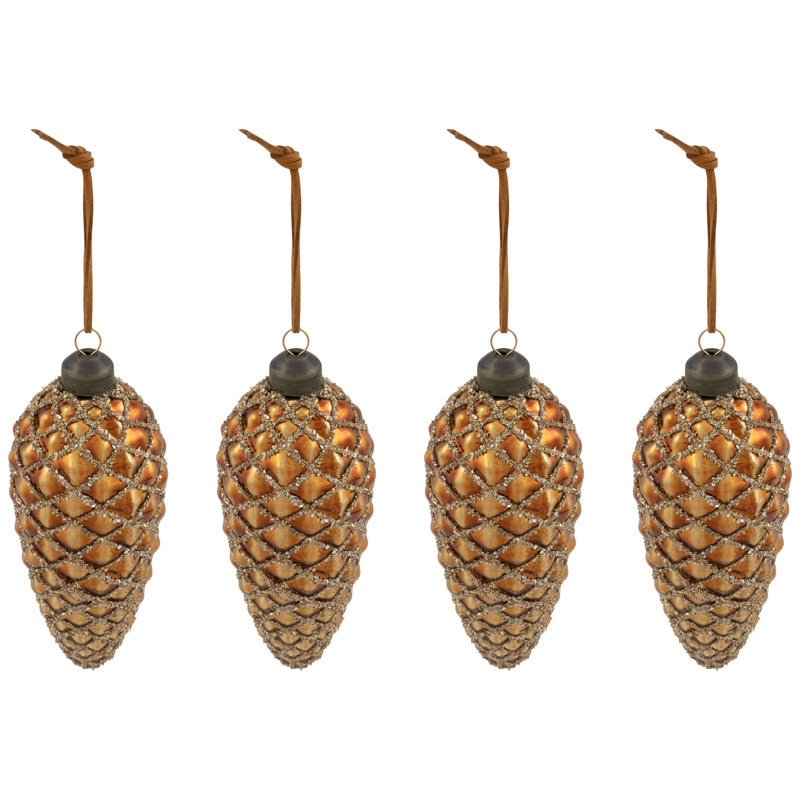 Glittered Pine Cone Glass Christmas Ornaments - 5" - Brown - 4Ct