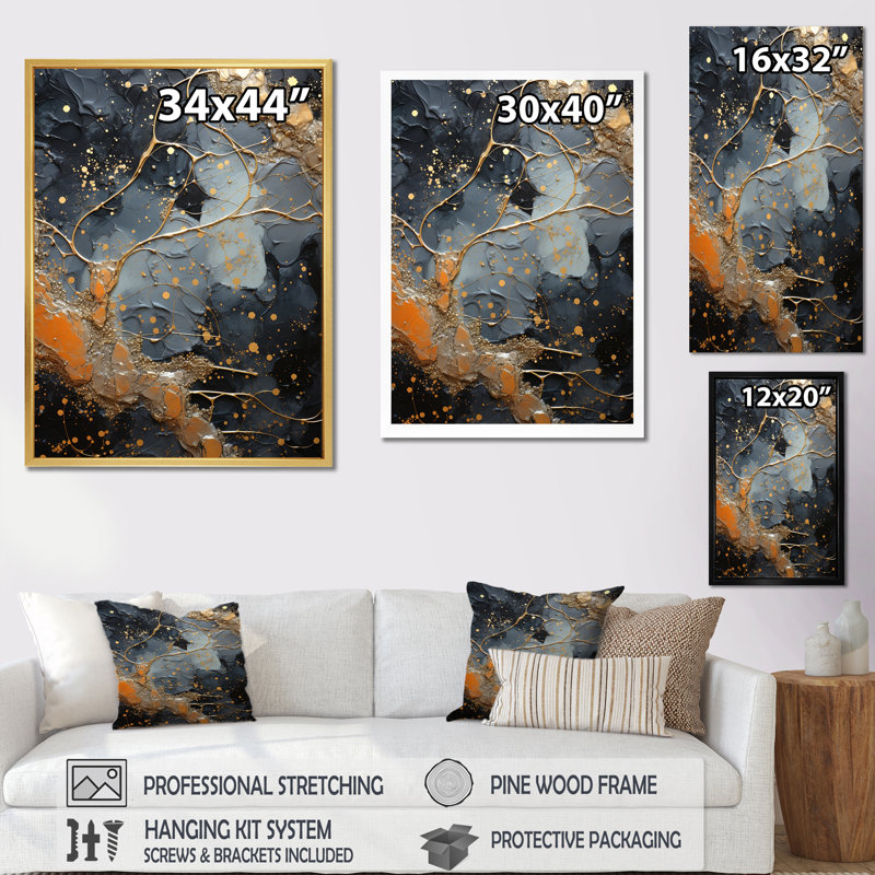 Décoration murale abstraite or et noir I - Collages abstraits, Toile tendue, H 32 po x l 24 po
