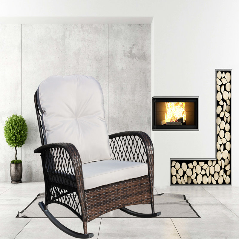 Fauteuil d'extérieur avec coussin moelleux et résistant - Fauteuil à bascule de jardin large en PE pour terrasse et patio