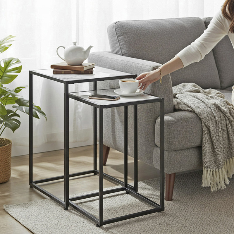 2 Piece Nest of Tables, Black, White