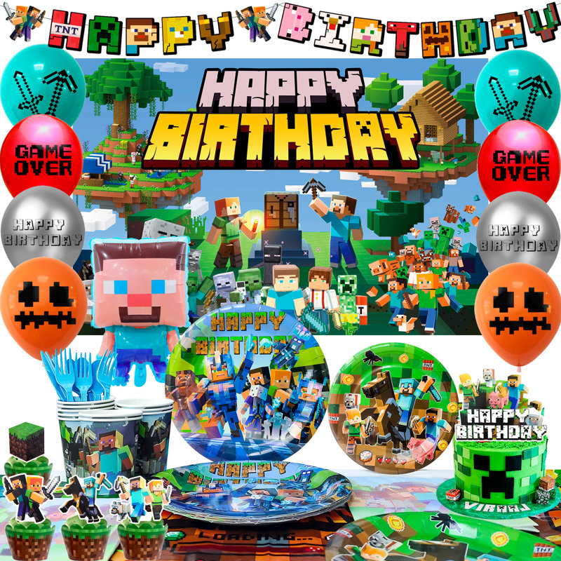 Ensemble de décorations de fête d'anniversaire Minecraft, 113 pièces Minecraft Articles de fête et ensemble de vaisselle pour enfants Minecraft