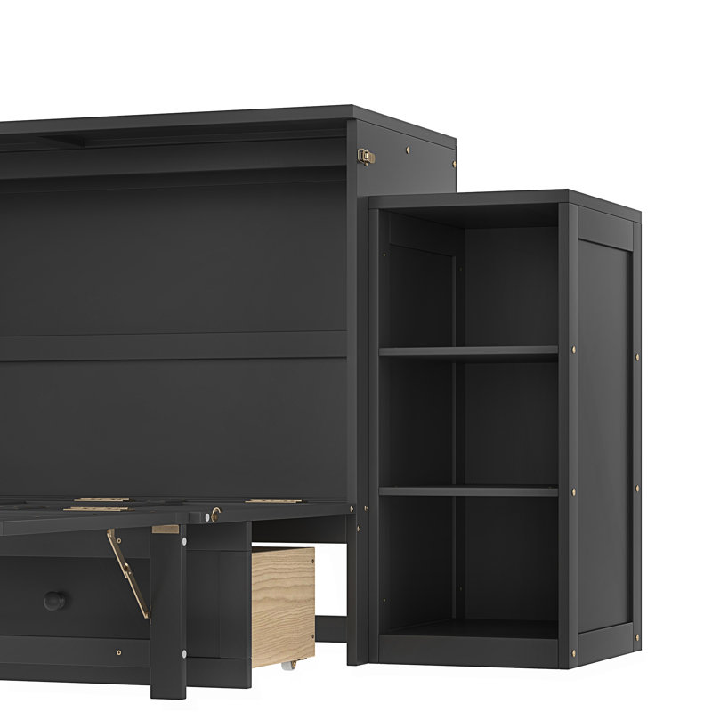 Lit escamotable double avec tiroirs et tablettes de rangement spacieux, Gris foncé