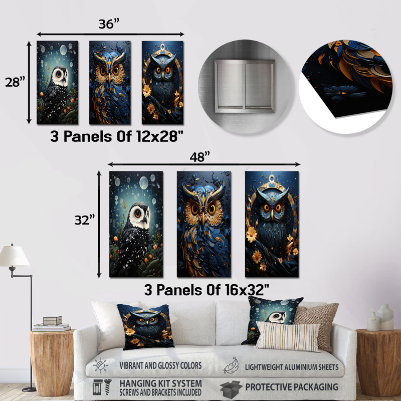 Noir Watcher Owl At Twilight - ensemble de salon 3 pièces, H 32 po x l 48 po