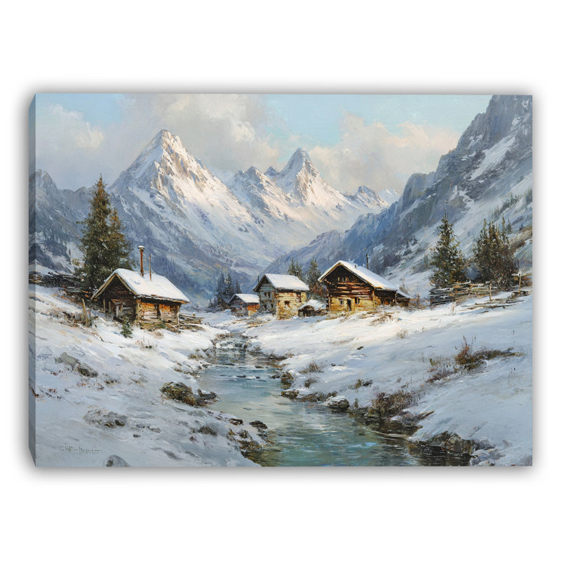 «Alpine Cabins in Winter», art mural sur toile tendue, H 36 po x l 48 po