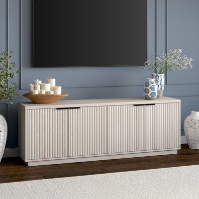 70" TV Stand for TVs up to 78" with Fluted Doors, Storage & Cable Management — Alder White Mid-Century Modern Media Console with Plinth Base for Living Room | Mansfield