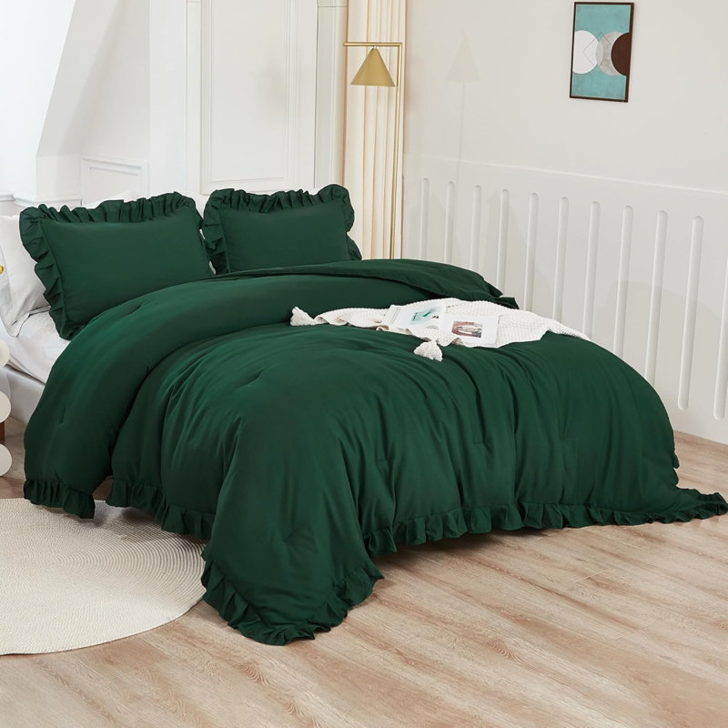 Ensemble d'édredon très foncé vert émeraude, ensemble de literie 3 pièces Boho Vintage Solid Forest Ruffle, ensemble de lit léger toutes saisons (édredon 104 x 90 po et 2 taies d'oreiller)