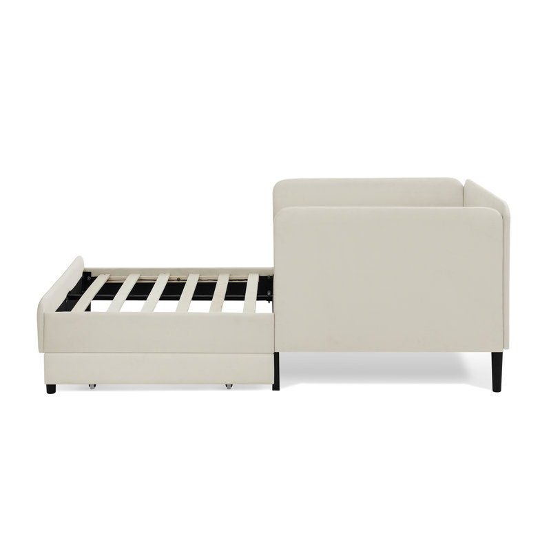 Structure de lit simple beige avec 2 tiroirs de rangement, lit en velours convertible, style moderne, doux, revêtement en eucalyptus renforcé et tiroirs, réglable pour la configuration de la chambre à coucher, look, confortable