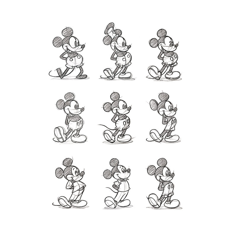 'Mickey Mouse, Sketched' Drawing Print, No Mount, Linen, 80cm H x 60cm W