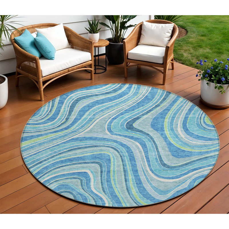 Tapis d'intérieur rond lavable abstrait bleu marine et bleu denim HomeRoots 8 pi