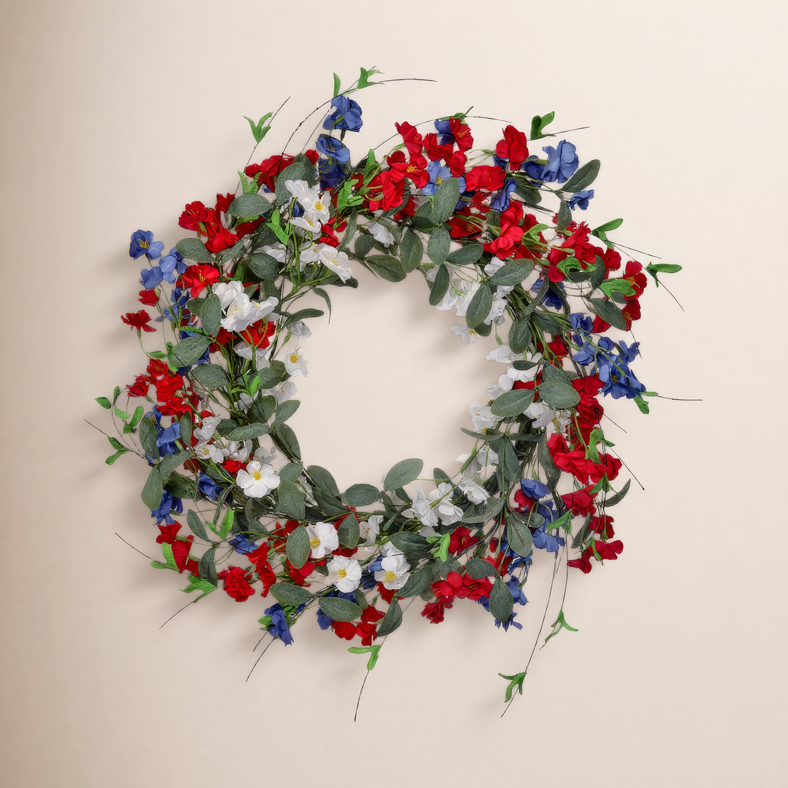 24"Mini Garden Blossom Wreath, Blue, Red, White