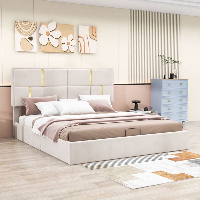 Auroura Queen Upholstered Platform Storage Bed, Beige