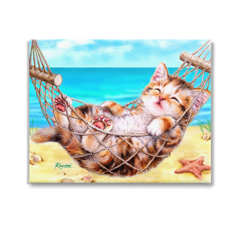 Chaton dans un hamac de plage, art mural par Kayomi Harai, H 16 po x l 20 po