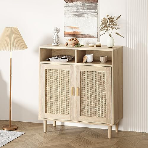 Rattan Sideboard Buffet Cabinets, Sideboard Cabinets with 2 Doors, Modern Accent Storage Console Tables, 1 pc