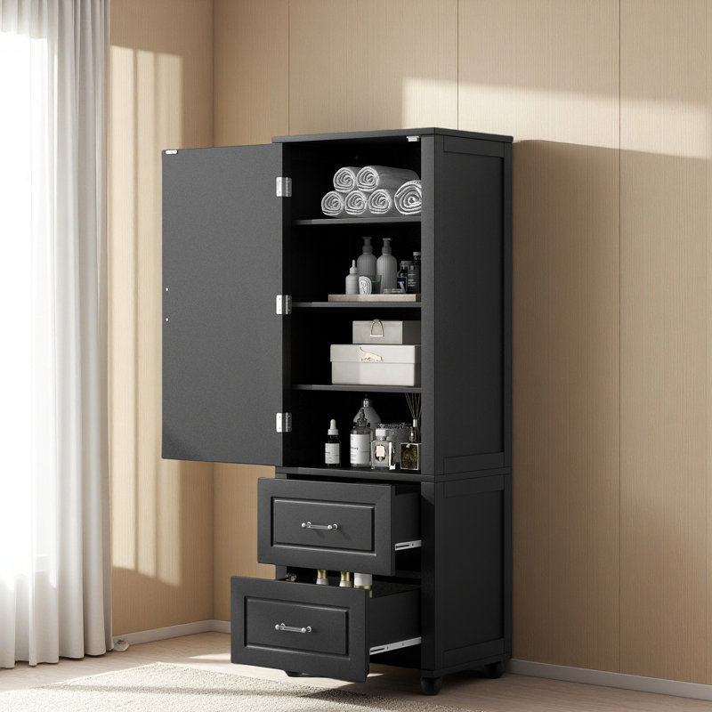 Grande armoire de rangement pour salle de bain, armoire de rangement autoportante avec deux tiroirs et tablette réglable
