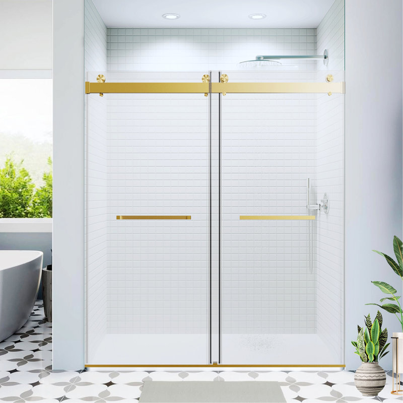 Sliding Frameless Soft-Close Shower Door For Bathroom, Brushed Gold