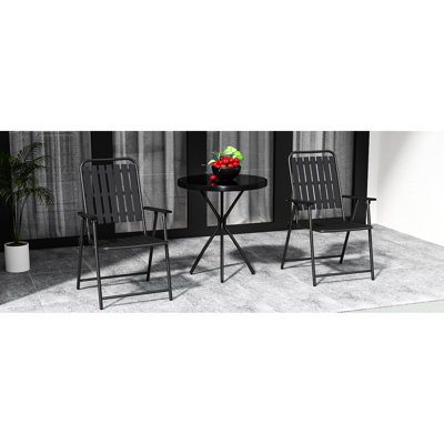 2 Outdoor Seating Group: Foldable Metal Chairs And Tempered Glass Table, 350lb Capacity, Weather-, Black, Instant Use, No Assembly, Space, Stylish Design For Balcony, Garden, Terrace 2 Patio Dining