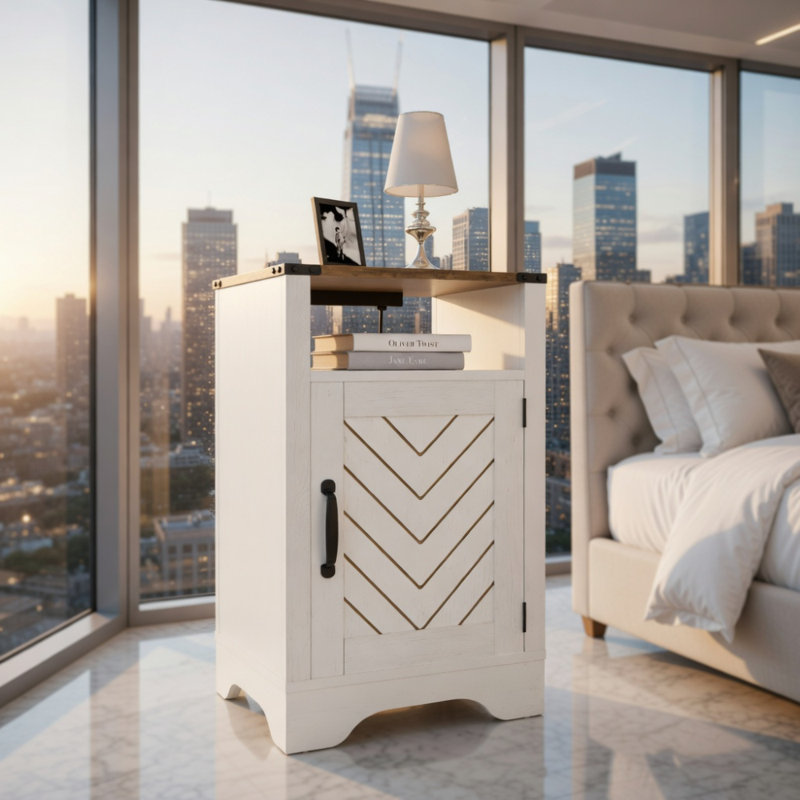 Table de chevet Farmhouse, table de bout rustique en bois, table de chevet haute avec prises de courant - blanc et chêne
