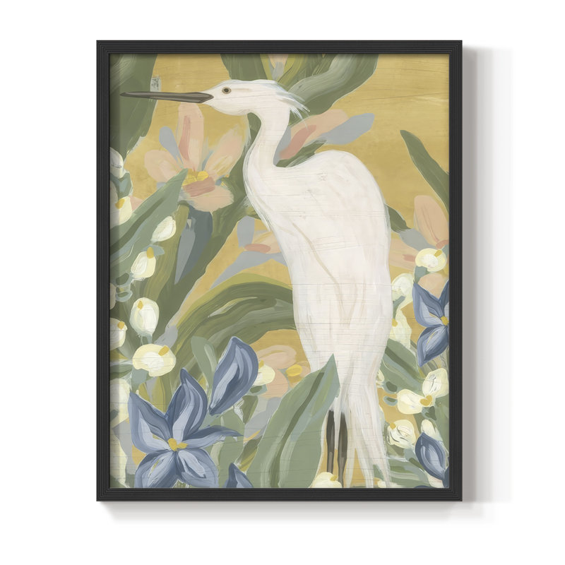 Floral Aigrette I, reproduction encadrée - bois massif, Noir, noir, noir, noir, H 15 po x l 12 po