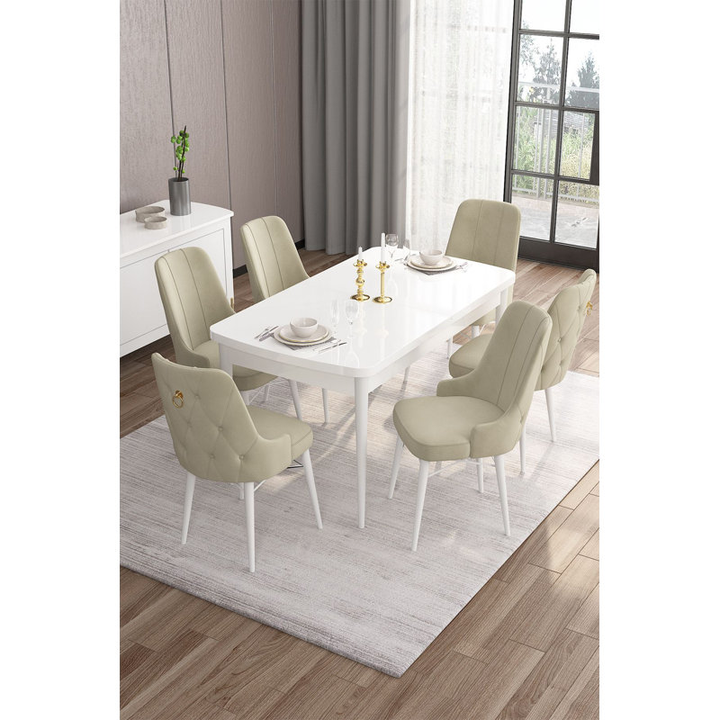 Ensemble de table et chaises de salle à manger moderne extensible (7 pièces) | Blanc et crème, ouverture de 51,2 po x 30,7 po x 31,5 po (table): 66,9 po x 30,7 po x 31,5 po | 100% panneau de fibres à densité moyenne et contreplaqué, tissu Babyface | Conception élégante pour les réunions de famille