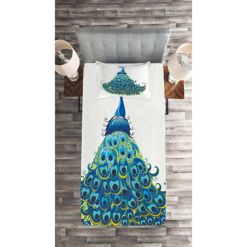 White Twin Quilted Bedspread Set with Peacock Design