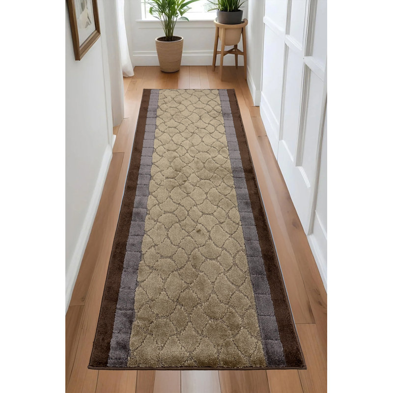 Antibacterial Soft Pile Anti Slip Indoor Runner Rug Geometric Beige Design for Hallway Stairway, Runner 2'2" x 19'