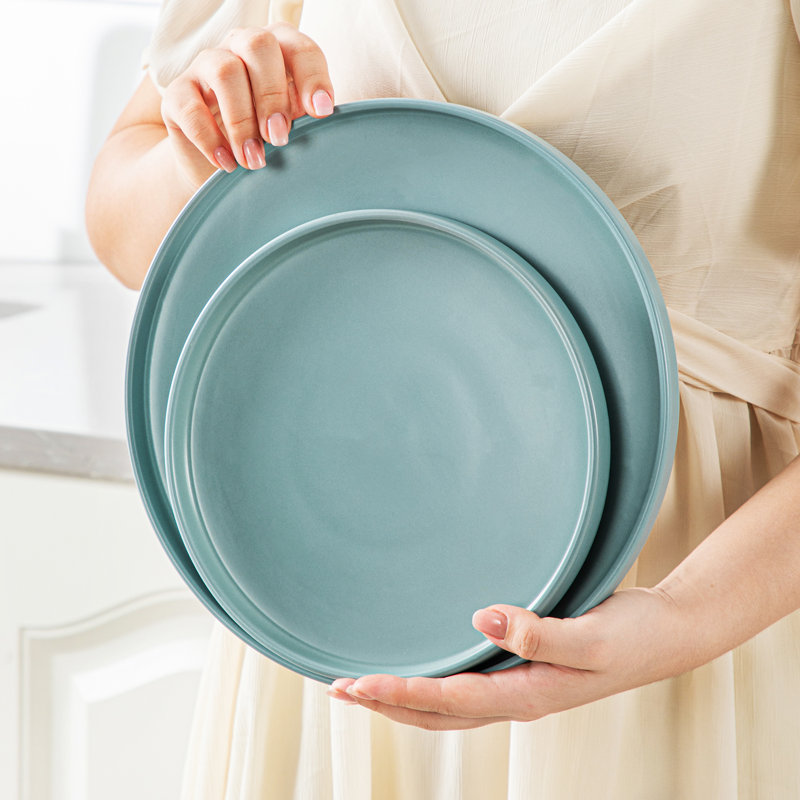 12 Pcs Ceramic Dinnerware Set, Dinner Plates, Dessert Plates And Soup Plates For 4 Person, Beige Set, Blue