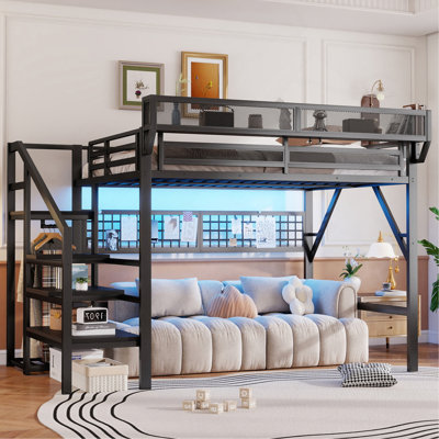 Grand lit mezzanine avec escalier, grand lit mezzanine en métal avec éclairage et rangement, lit mezzanine haut avec garde-robe et rangement