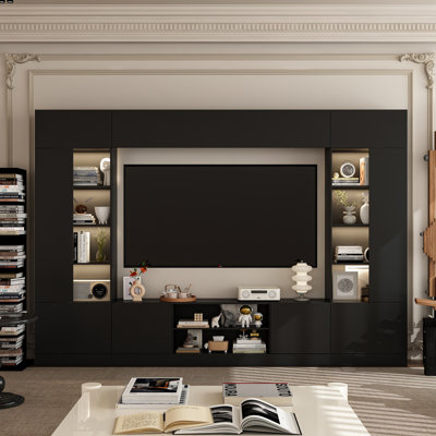 114.2" W Entertainment Centre with LED Lights, Bookcases, Cabinets, and Open Shelves